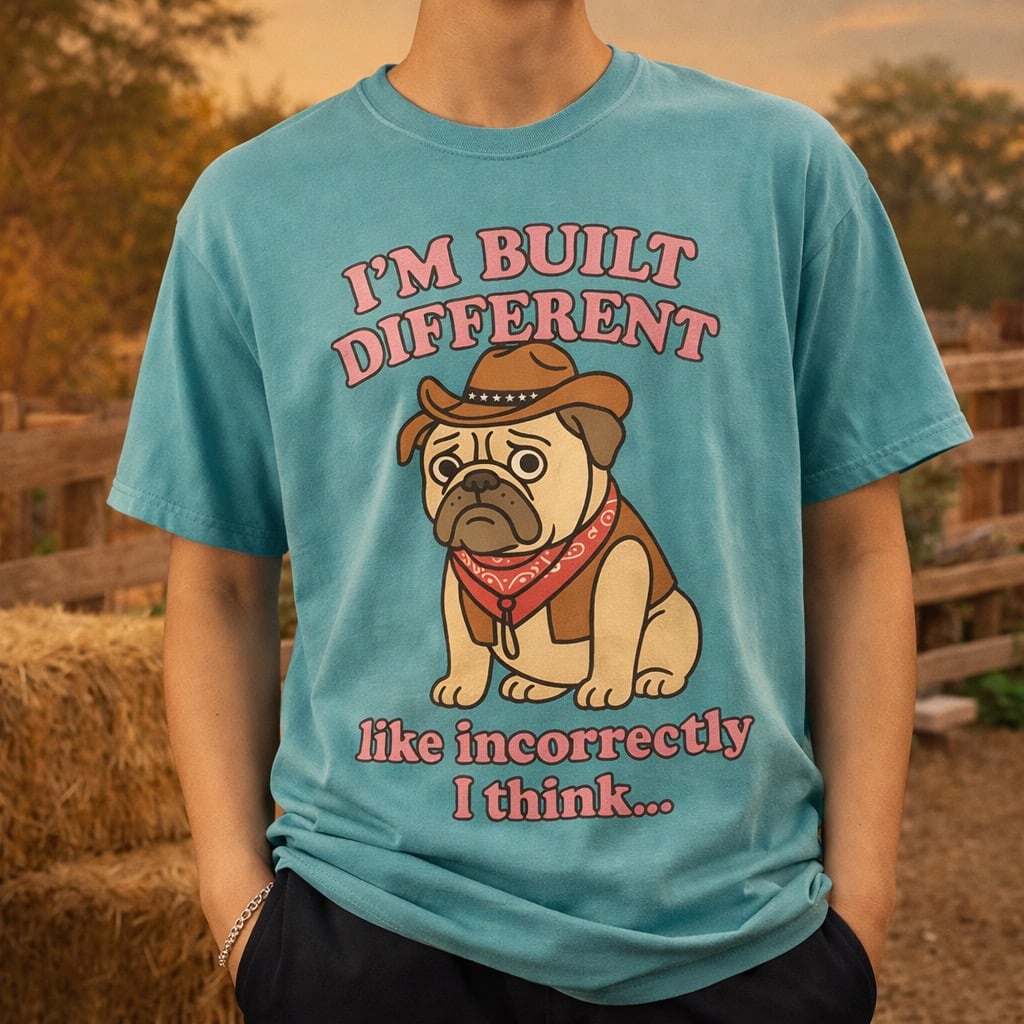 Model standing in a rustic farm setting wearing the teal Built Different Cowboy Pug shirt.
