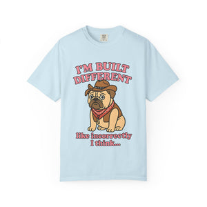 Light blue tee with a pug wearing a cowboy hat and red bandana.