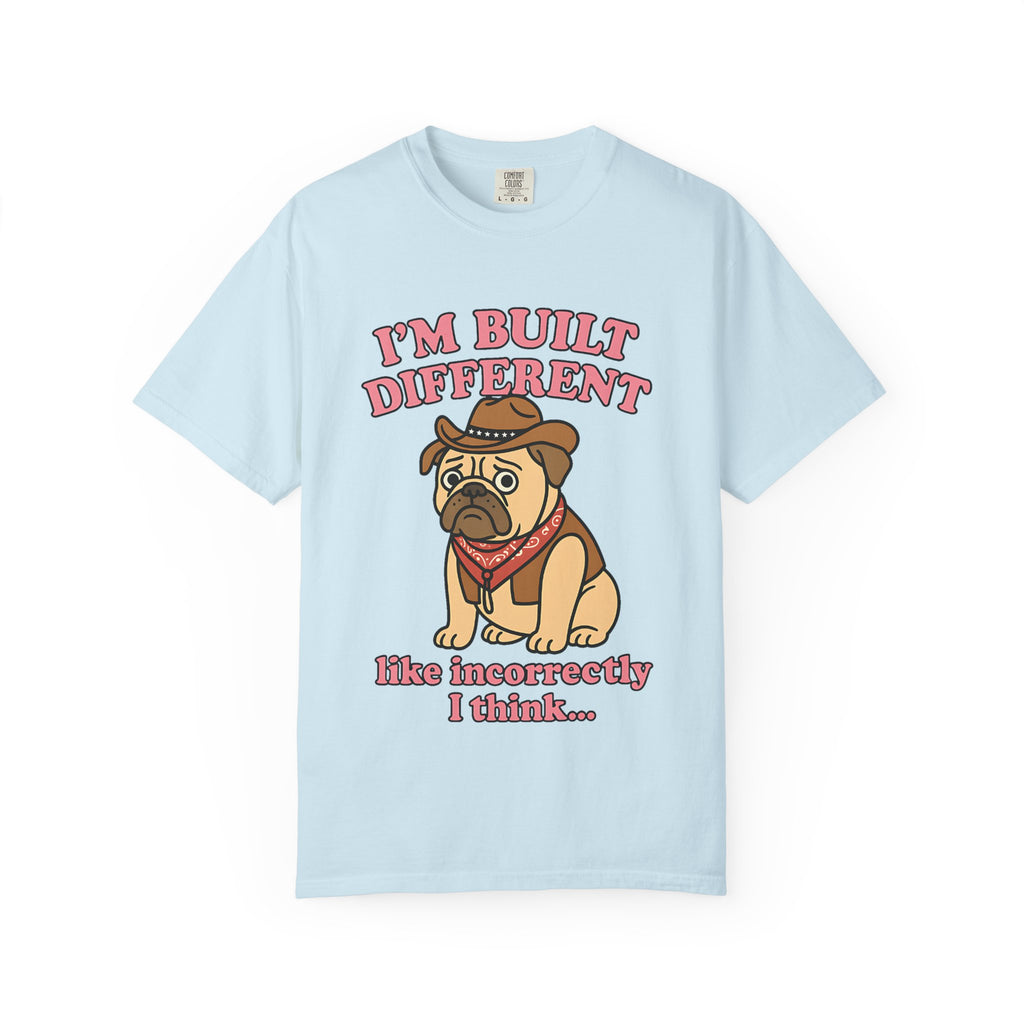Light blue tee with a pug wearing a cowboy hat and red bandana.