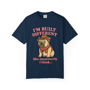 Navy blue heavyweight t-shirt with retro pink text "I'm Built Different".