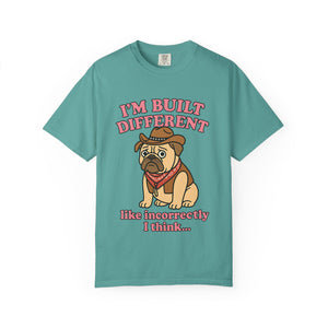 Teal Comfort Colors shirt featuring a confused pug meme design.
