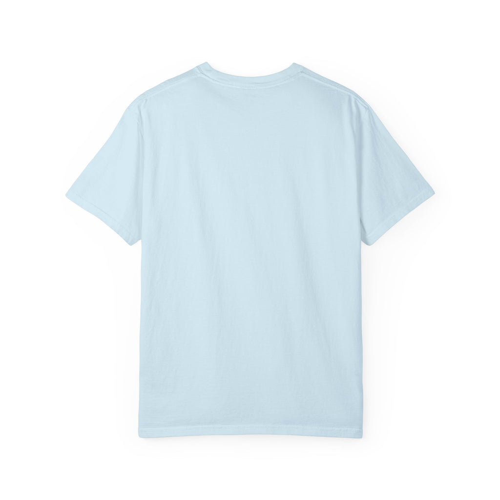 Back view of a plain light blue Comfort Colors 1717 t-shirt to show fabric texture and cut.