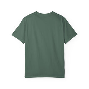 Flat lay back view of a solid blue-green t-shirt on a plain white background.