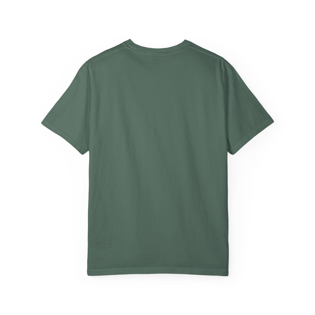 Flat lay back view of a solid blue-green t-shirt on a plain white background.