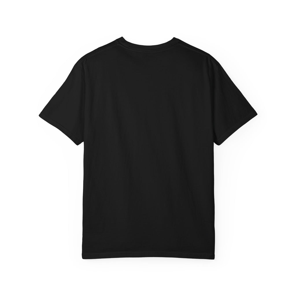 The back view of a solid black Comfort Colors blank t-shirt displayed on a clean white background.