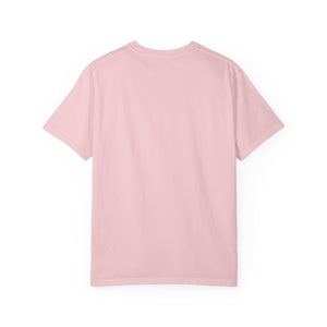 The back view of a plain, light pink short-sleeve t-shirt showing the quality stitching and garment-dyed fabric.