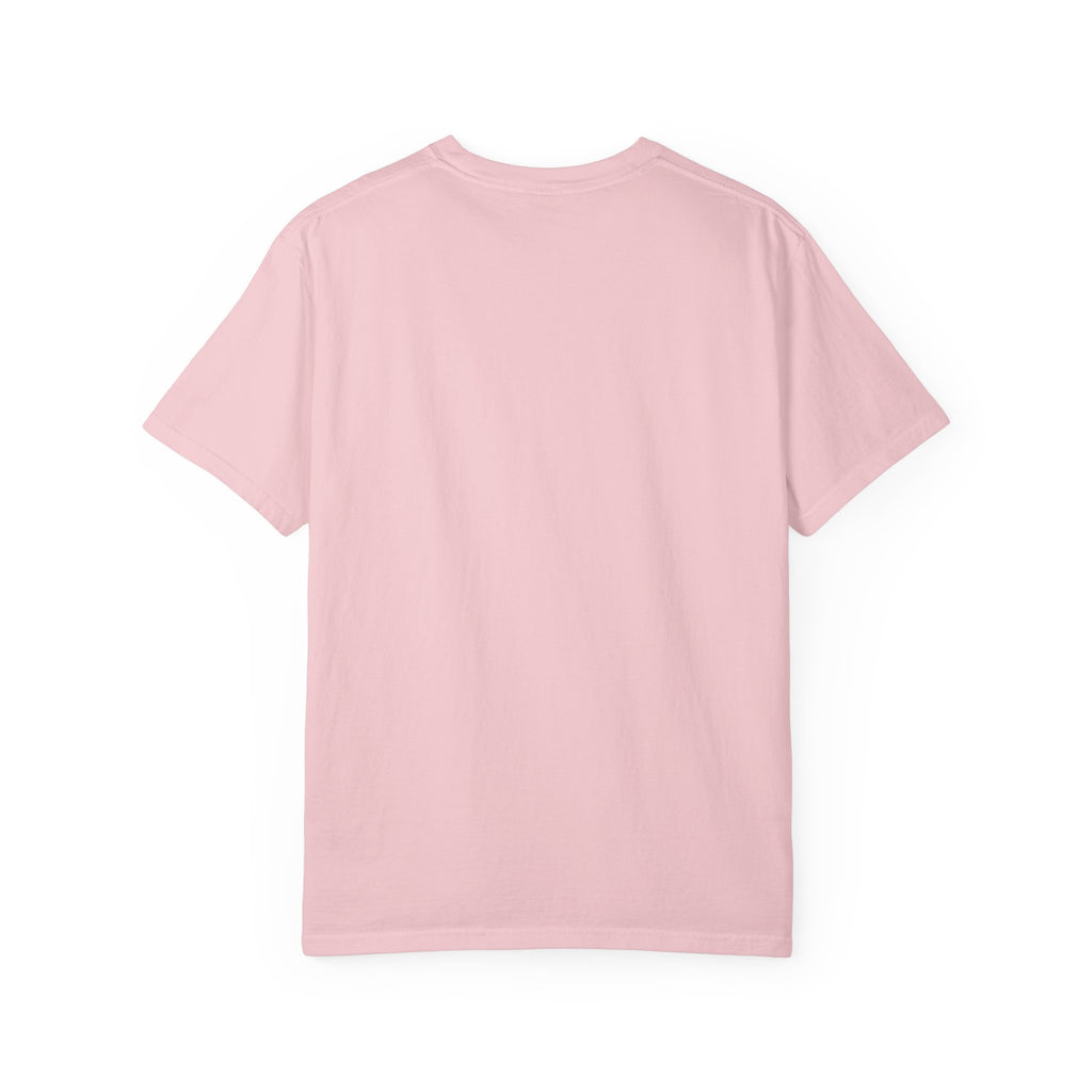 The back view of a plain, light pink short-sleeve t-shirt showing the quality stitching and garment-dyed fabric.