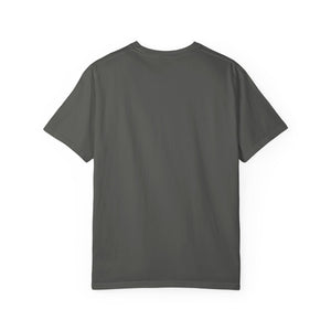 The back view of a charcoal grey Comfort Colors short-sleeve t-shirt laid flat against a white background, showing the crew neck and clean stitching.