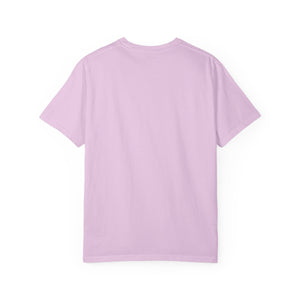 Rear view mockup of a blank Orchid light purple Comfort Colors t-shirt isolated on a clean white background.