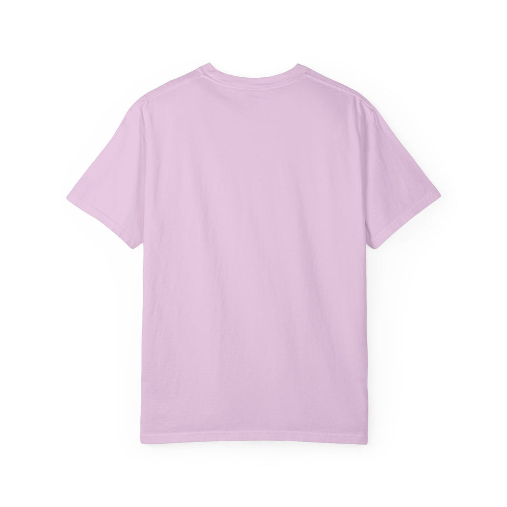 Rear view mockup of a blank Orchid light purple Comfort Colors t-shirt isolated on a clean white background.