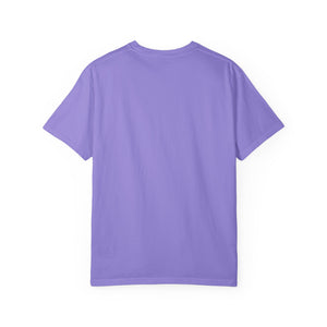 Back view of a plain purple Comfort Colors 1717 t-shirt showing texture and cut.