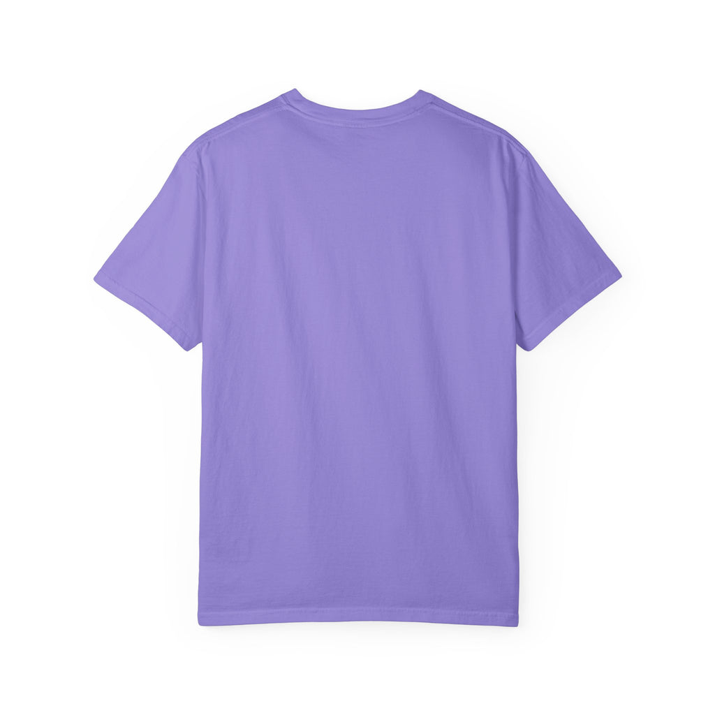 Back view of a plain purple Comfort Colors 1717 t-shirt showing texture and cut.