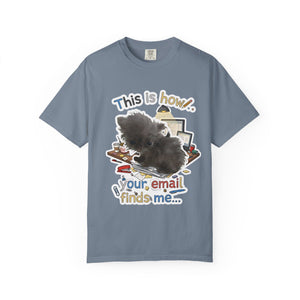 Blue Jean colored t-shirt with a funny meme design about work emails and stress.