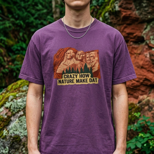 Berry graphic t-shirt flat lay on green background featuring Crazy How Nature Make Dat design.