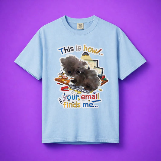 Studio shot of the funny email meme shirt on a purple background, highlighting the graphic detail.
