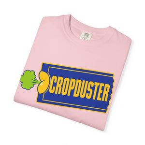 Presentation of the humorous vintage video logo parody printed on a folded light blossom pink comfort cotton shirt.