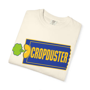 Folded t-shirt with 'Cropduster' logo on a white background