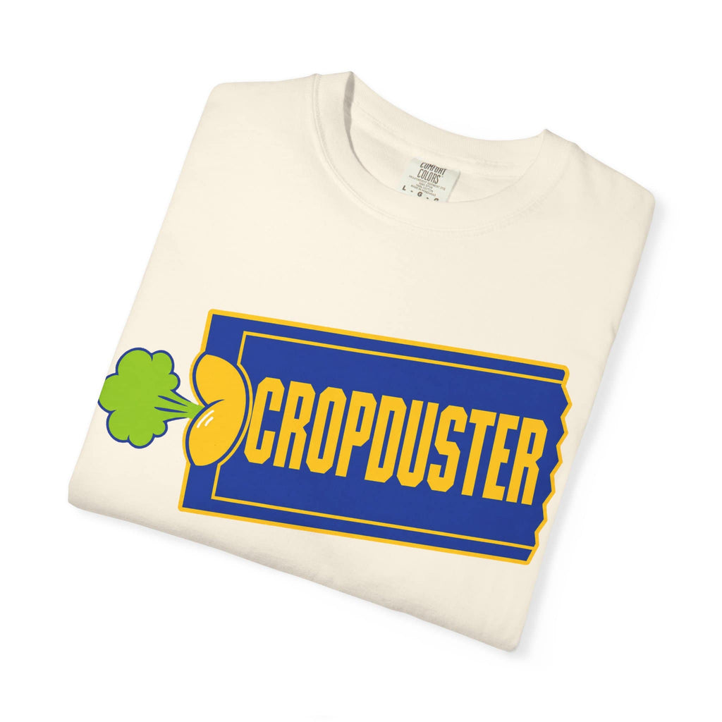 Folded t-shirt with 'Cropduster' logo on a white background