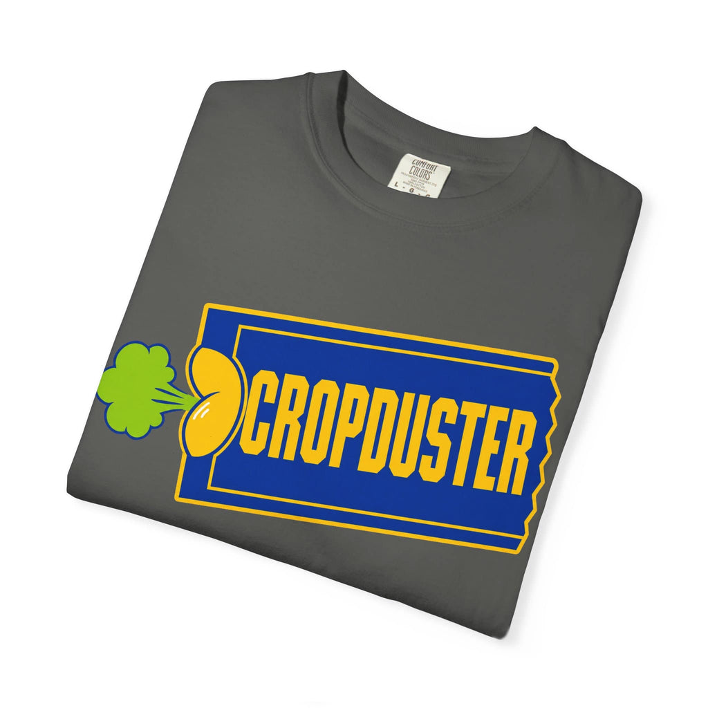 Dark charcoal pepper grey folded shirt featuring the vibrant blue retro block ticket graphic, isolated on a white backdrop.