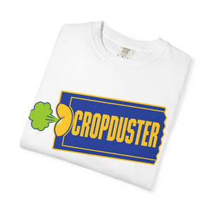 Crisp white folded cotton t-shirt displaying the colorful yellow, blue, and green nostalgic video store parody artwork.