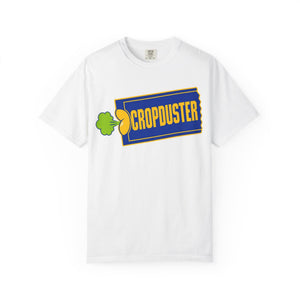 Flat lay showcase of a premium white garment-dyed t-shirt displaying a vibrant parody graphic inspired by classic 90s mall culture and video store logos.