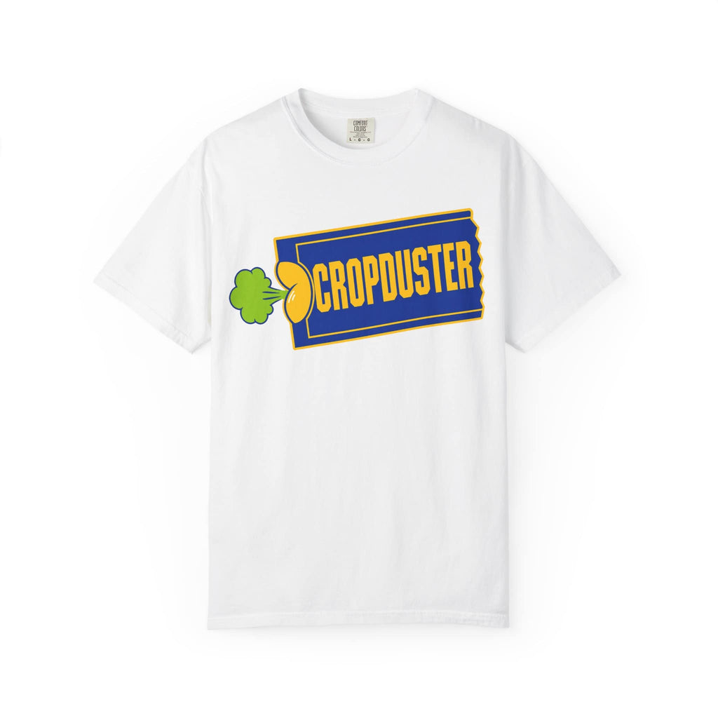 Flat lay showcase of a premium white garment-dyed t-shirt displaying a vibrant parody graphic inspired by classic 90s mall culture and video store logos.