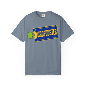 Gray t-shirt with 'Cropduster' logo featuring a yellow airplane and green leaf on a white background