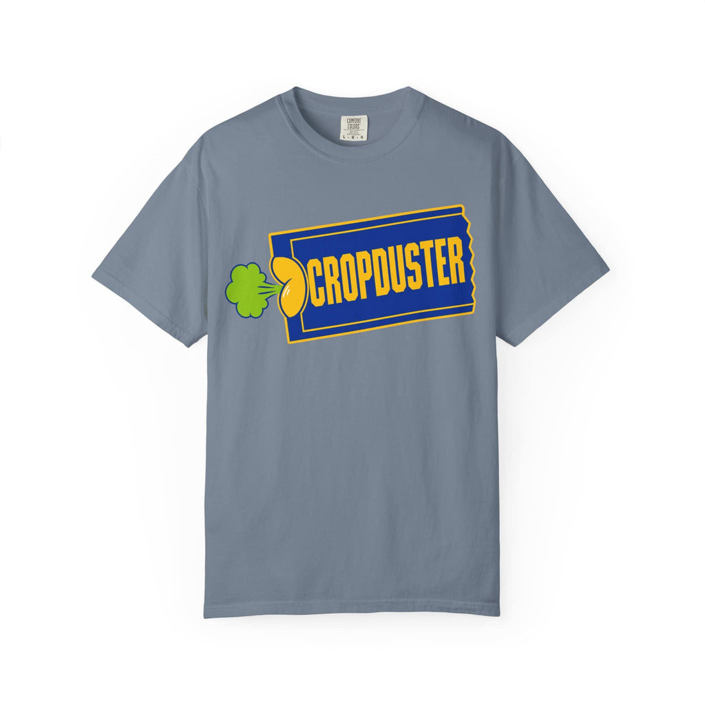 Gray t-shirt with 'Cropduster' logo featuring a yellow airplane and green leaf on a white background