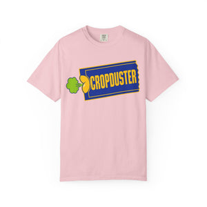 Pink t-shirt with 'Cropduster' logo on a white background