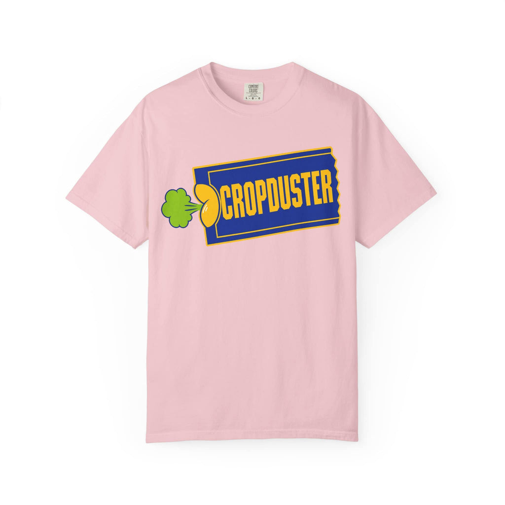 Pink t-shirt with 'Cropduster' logo on a white background