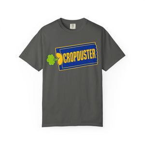 Front view of a charcoal pepper grey heavyweight cotton t-shirt featuring the humorous yellow, blue, and green movie rental ticket stub parody logo.