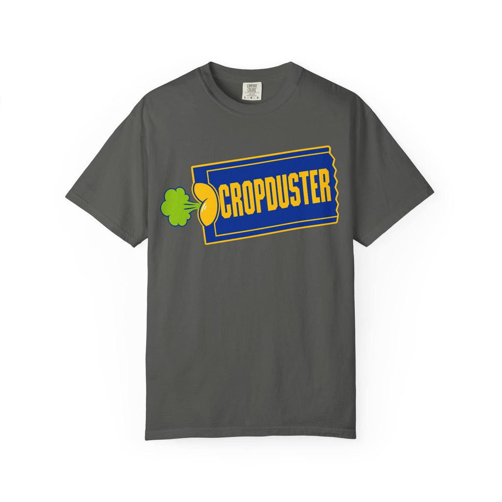 Front view of a charcoal pepper grey heavyweight cotton t-shirt featuring the humorous yellow, blue, and green movie rental ticket stub parody logo.