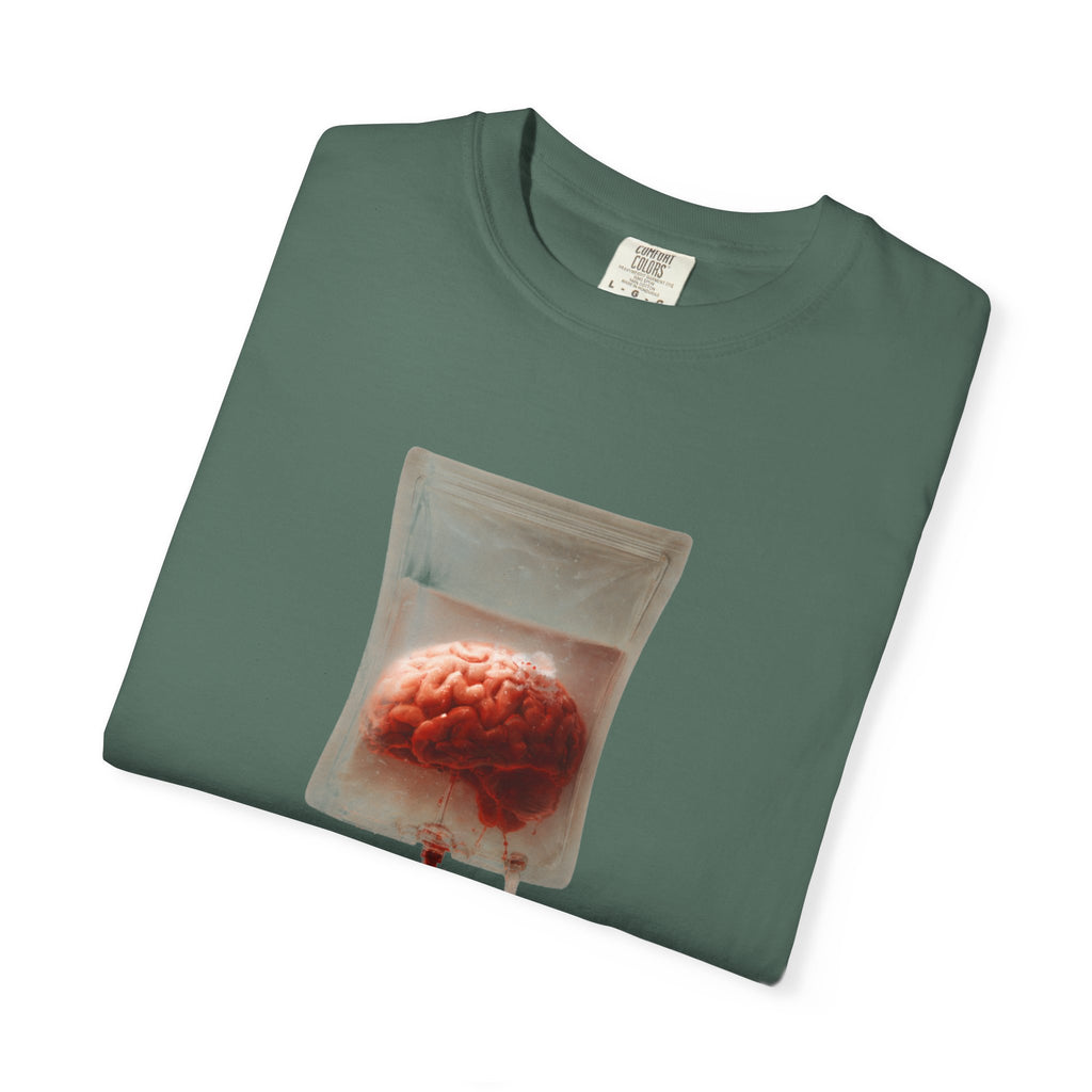 A folded dark green t-shirt with a graphic of a brain inside an IV drip bag positioned in the center