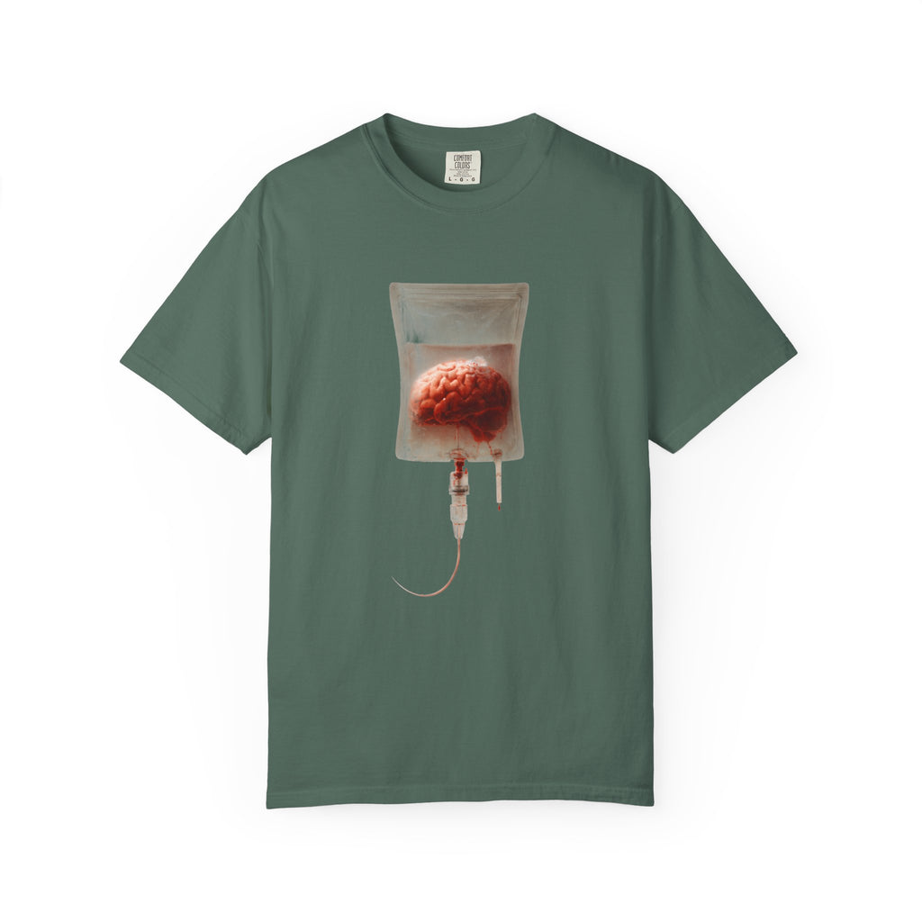 A dark green t-shirt displayed flat, featuring a surreal graphic of a brain suspended in an IV drip bag