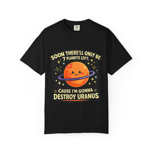 Flat lay of a black unisex t-shirt featuring a funny bait-and-switch planet pun design on a white background.