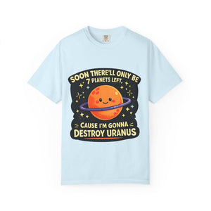 Flat lay of a light blue unisex meme t-shirt with a kawaii planet and the text Destroy Uranus on a white background.