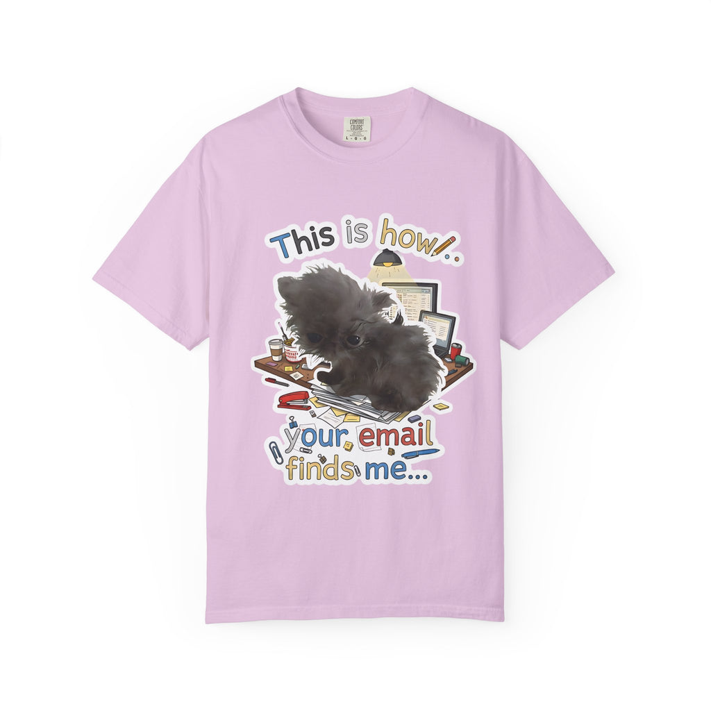 Flat lay of a black Comfort Colors t-shirt featuring a funny frazzled dog and office chaos graphic.
