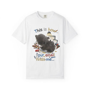 White graphic tee featuring a messy desk and stressed dog illustration for office humor.