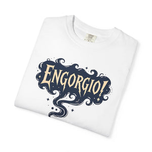 Folded white t-shirt showcasing the Engorgio magic wand and smoke graphic print.