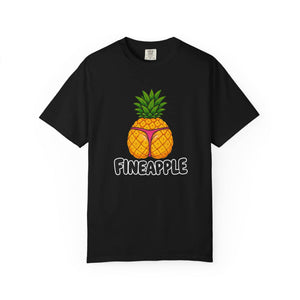 Black Comfort Colors t-shirt featuring a funny graphic of a pineapple wearing a pink thong with the text Fineapple.