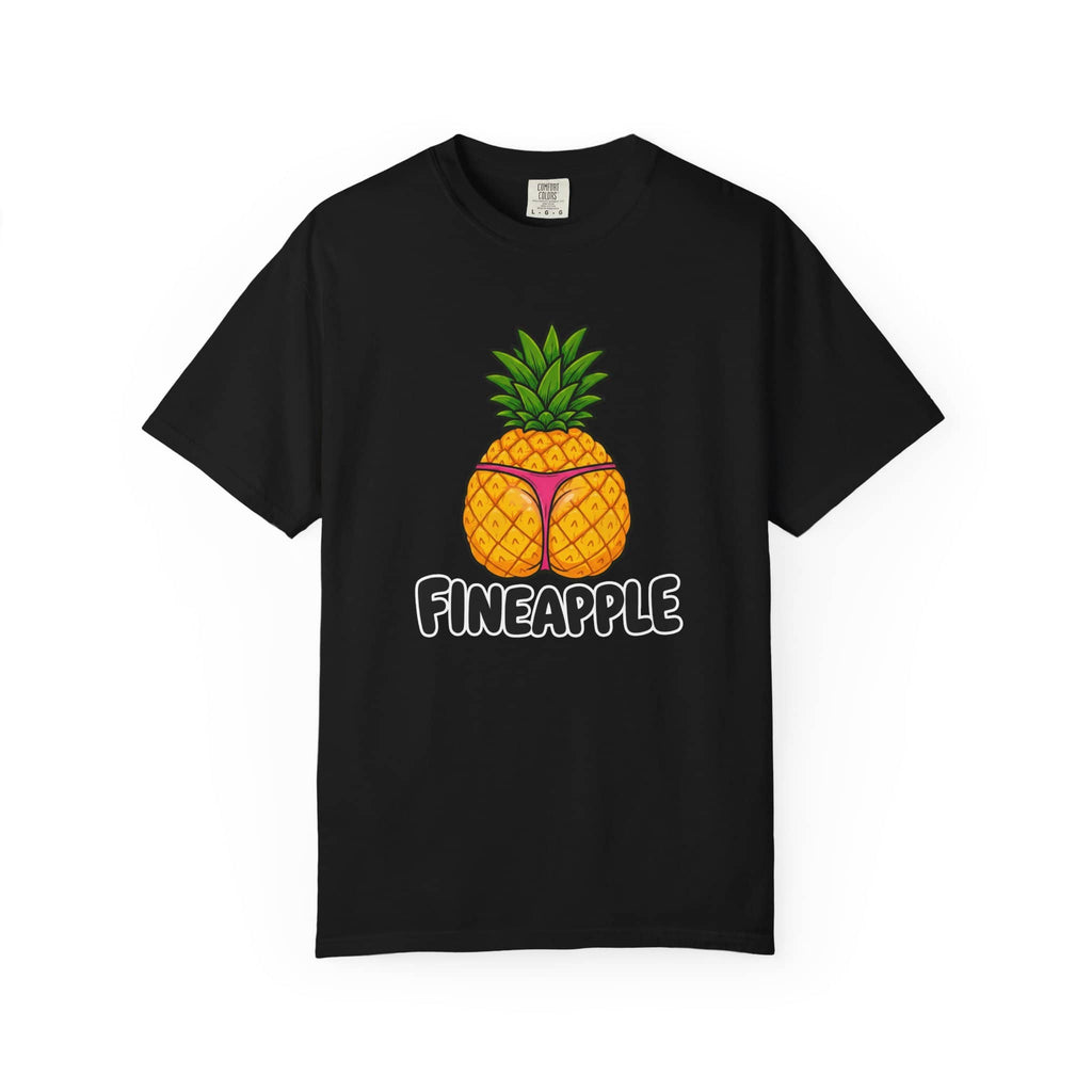 Black Comfort Colors t-shirt featuring a funny graphic of a pineapple wearing a pink thong with the text Fineapple.