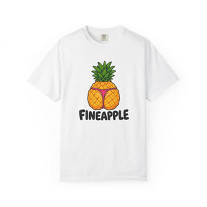 White Comfort Colors t-shirt featuring a funny graphic of a pineapple wearing a pink thong with the text Fineapple.