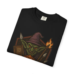 Folded black funny t-shirt with funny RPG gamer print