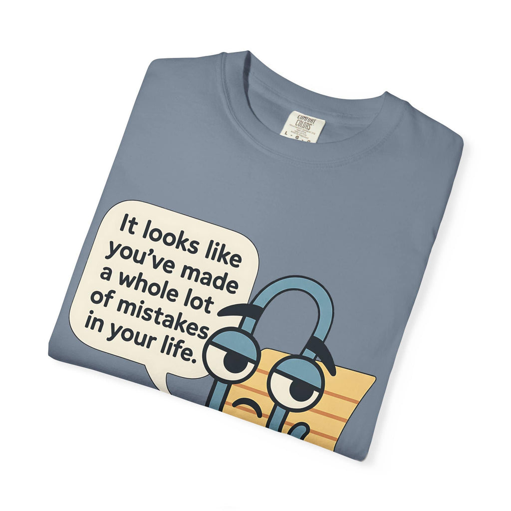Folded light blue cotton tee with funny 90s computer assistant meme