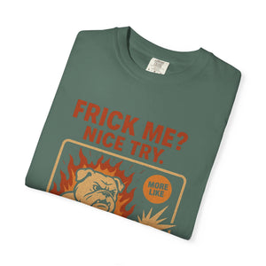 Vintage blue spruce cotton tee with aggressive wholesome dog meme print