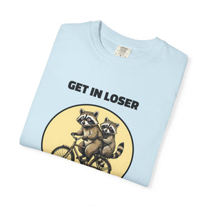 Folded chambray t-shirt featuring Get In Loser We’re Getting Trashed meme design.