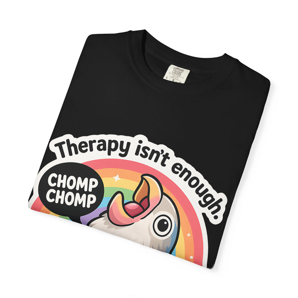 Folded black t-shirt showing the screaming parrot graphic detail.