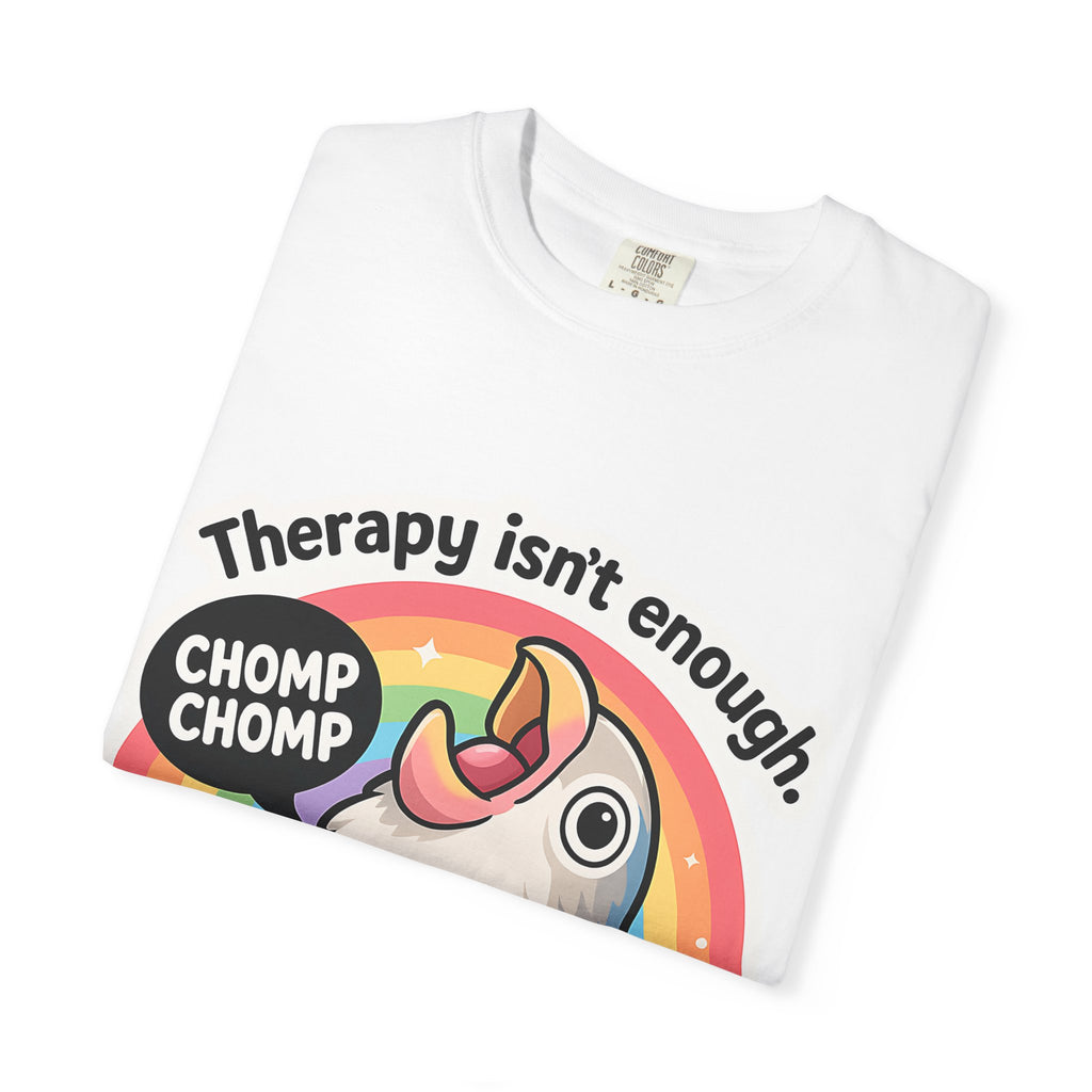 Folded white t-shirt showing the screaming parrot graphic detail.
