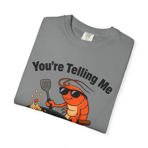 Folded grey graphic t-shirt featuring shrimp fried rice design.