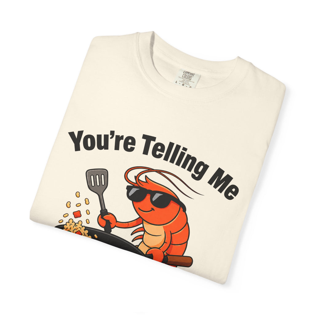 Folded ivory t-shirt featuring shrimp fried rice design.